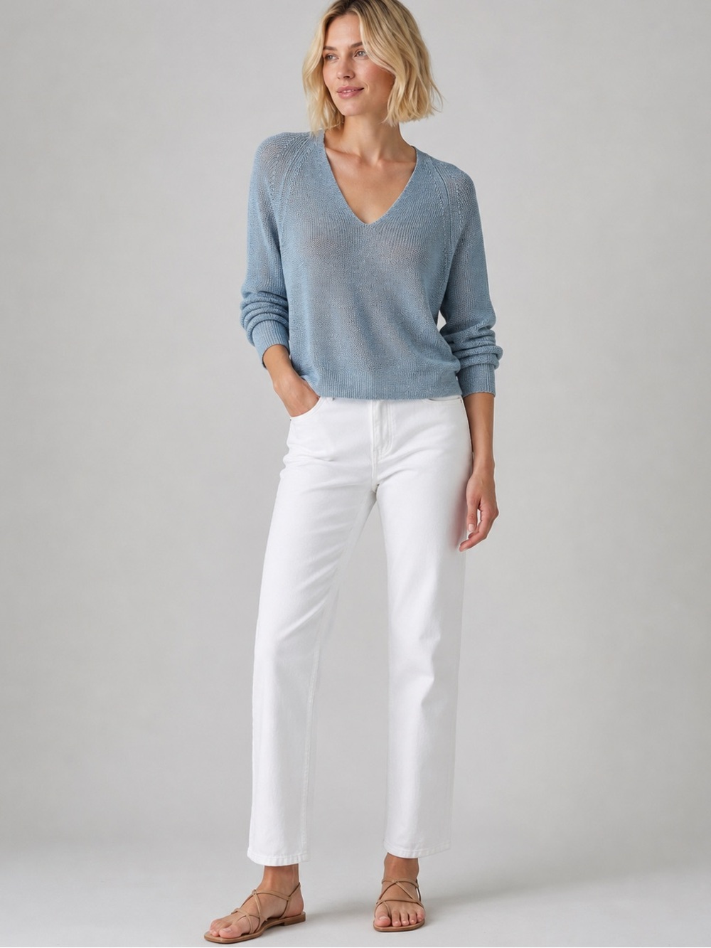 WHITE + WARREN | Linen V-Neck Sweater in Powder Blue, Size Medium
